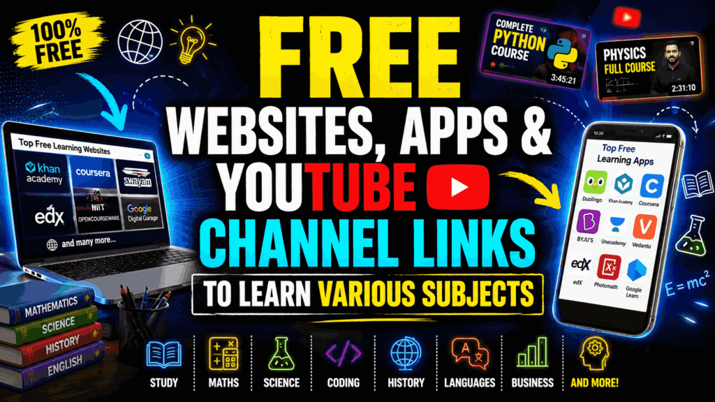 Free Websites, Apps & Yt Channels for Study